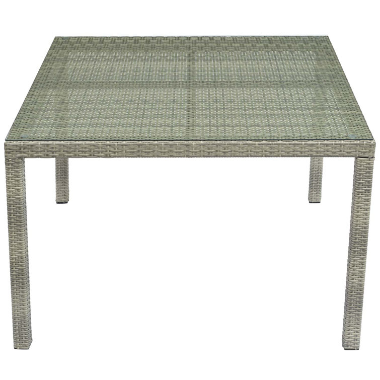 Light Gray Wicker Rattan Square Outdoor Dining Table with Glass Top