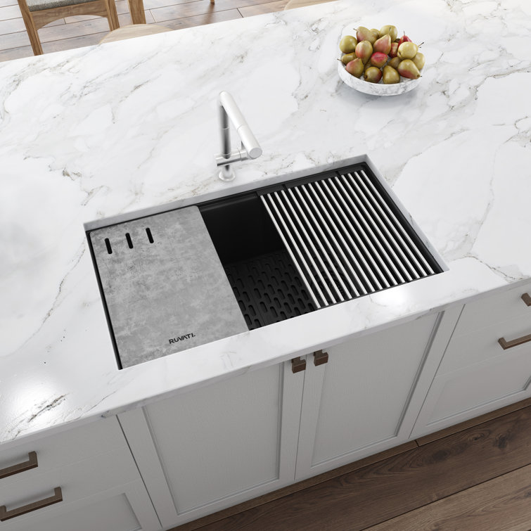 Midnight Black Granite Composite Drop-in Kitchen Sink with Workstation