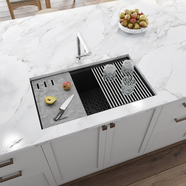 Midnight Black Granite Composite Drop-in Kitchen Sink with Workstation