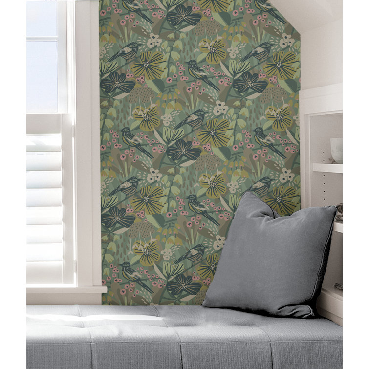Sage and Pink Floral Bird Peel and Stick Wallpaper