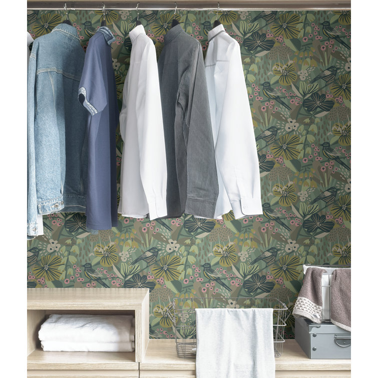 Sage and Pink Floral Bird Peel and Stick Wallpaper
