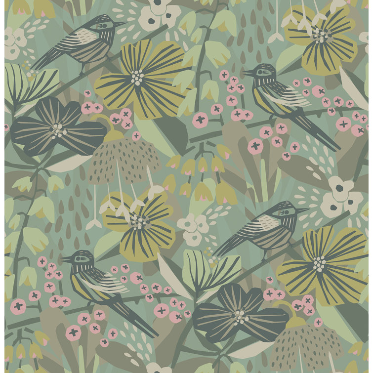 Sage and Pink Floral Bird Peel and Stick Wallpaper