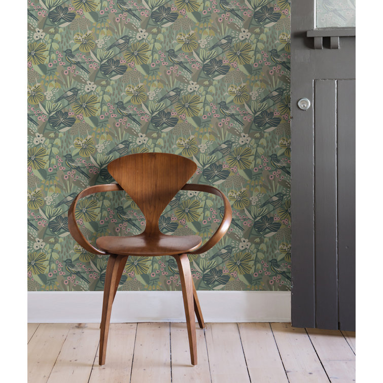 Sage and Pink Floral Bird Peel and Stick Wallpaper