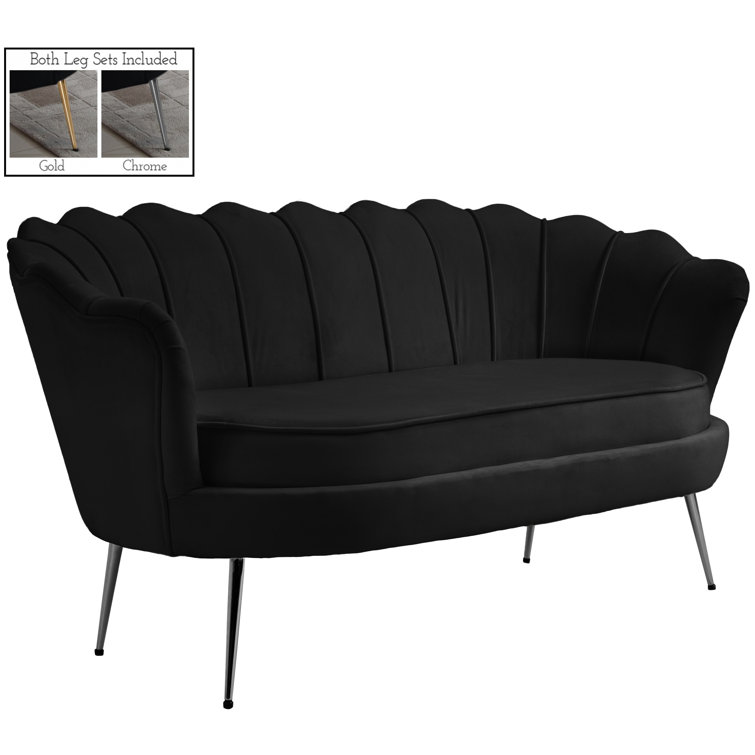 Elegant Shell-Back 60'' Black Velvet Tufted Loveseat with Gold Chrome Legs