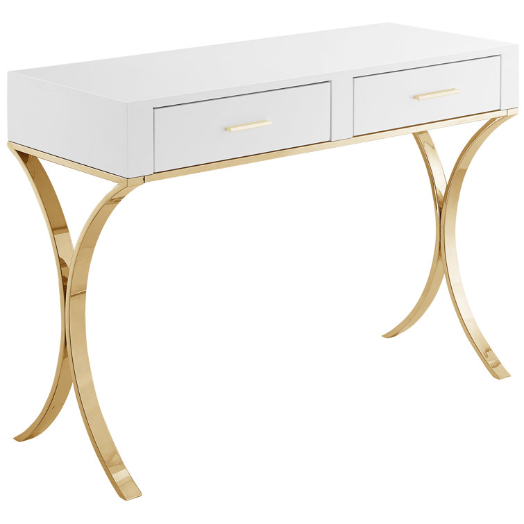 Monroe Gold Stainless Steel and White Lacquer Vanity Desk Console
