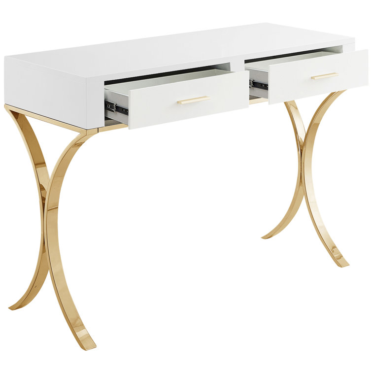 Monroe Gold Stainless Steel and White Lacquer Vanity Desk Console