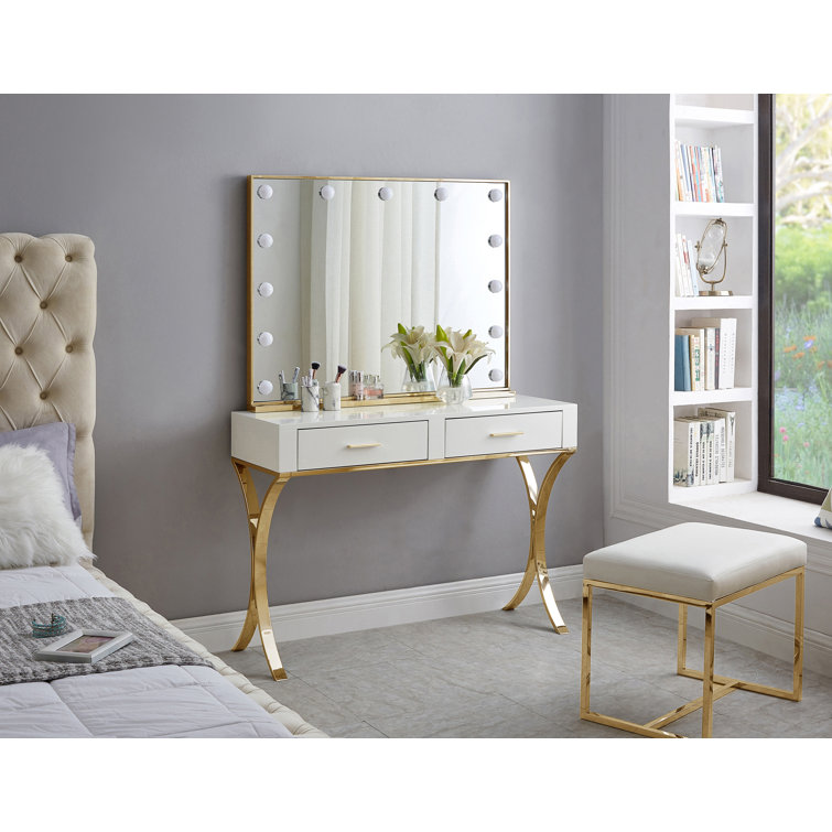 Monroe Gold Stainless Steel and White Lacquer Vanity Desk Console