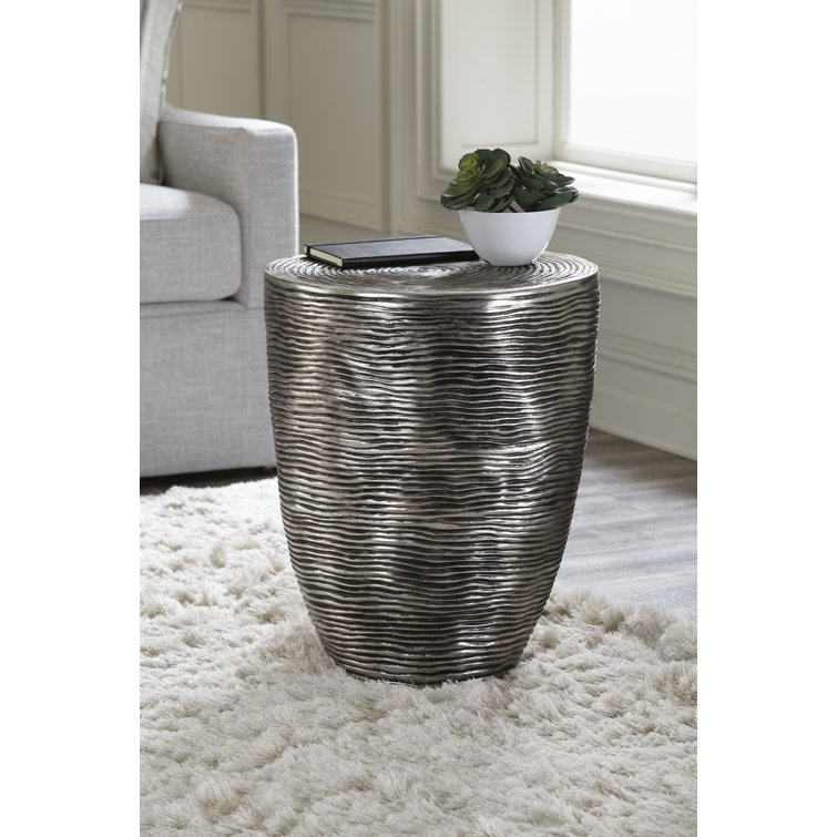 Silver Round Metal Ripple Drum End Table