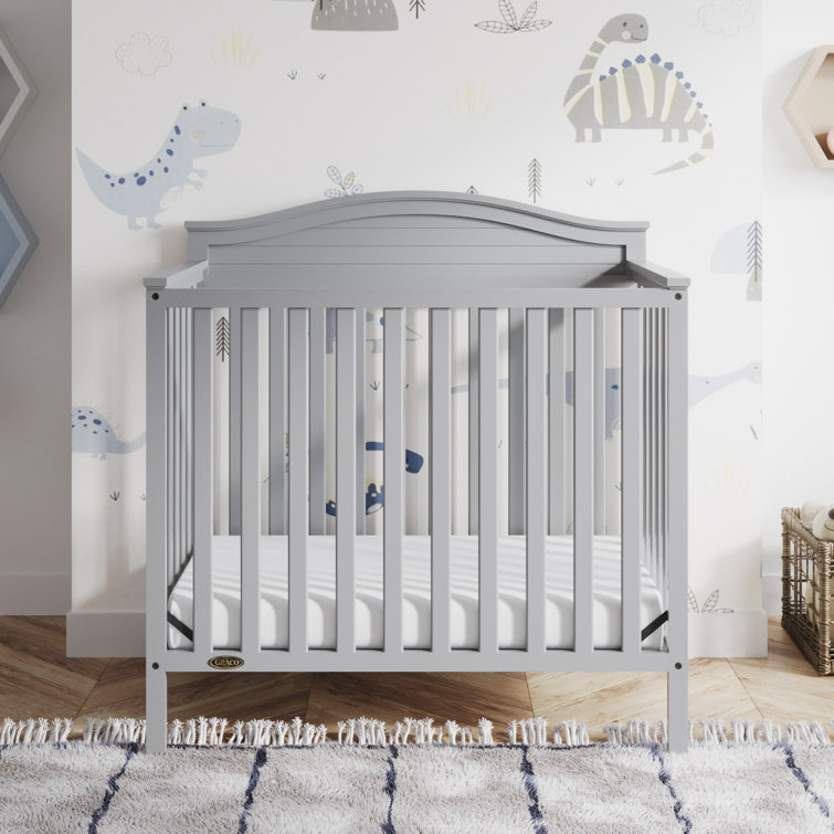 Pebble Gray Pine Wood Mini Convertible Crib with Memory Foam Mattress