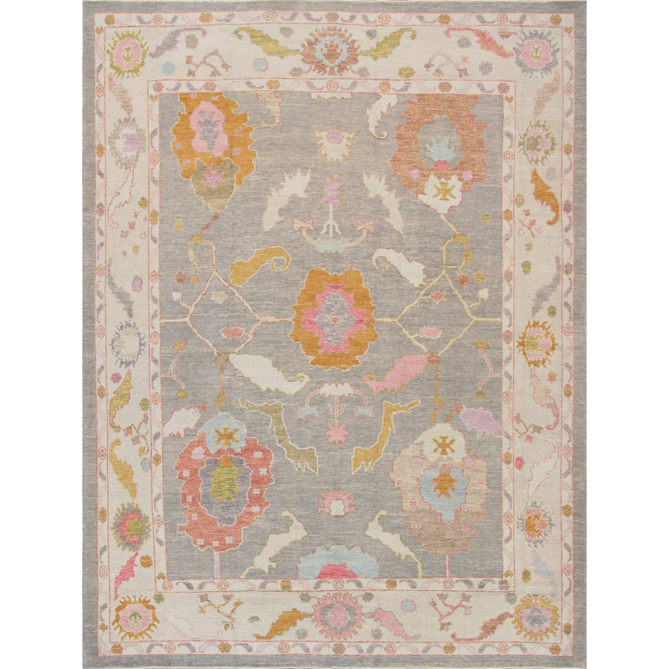 Elegant Taupe Floral Hand-Knotted Wool Rectangular Rug