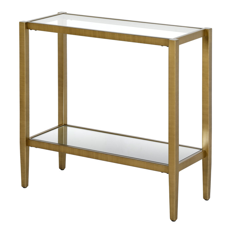 Antique Brass Rectangular Side Table with Tempered Glass Shelf