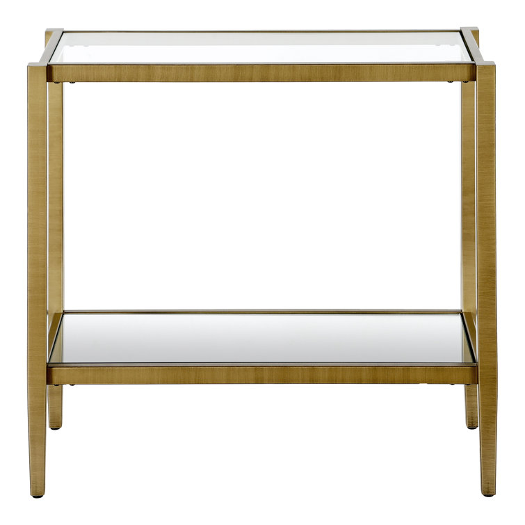 Antique Brass Rectangular Side Table with Tempered Glass Shelf