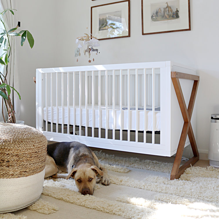 White and Driftwood 3-in-1 Convertible Baby Crib with Adjustable Mattress Support