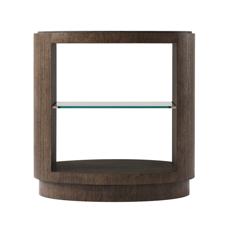 Charteris Quartered Oak and Basalt Stone Round End Table with Storage