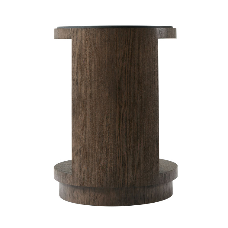 Charteris Quartered Oak and Basalt Stone Round End Table with Storage
