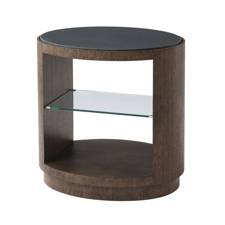 Charteris Quartered Oak and Basalt Stone Round End Table with Storage