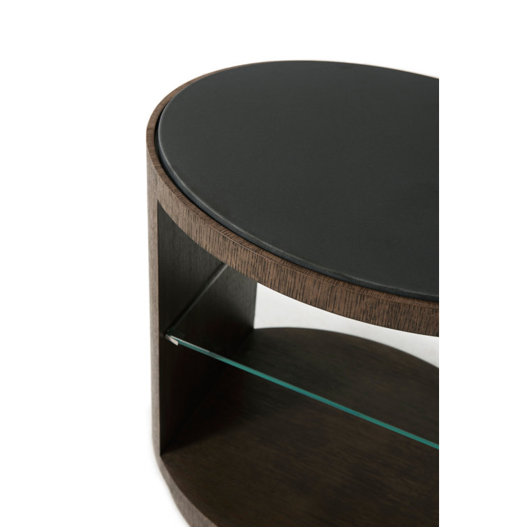 Charteris Quartered Oak and Basalt Stone Round End Table with Storage