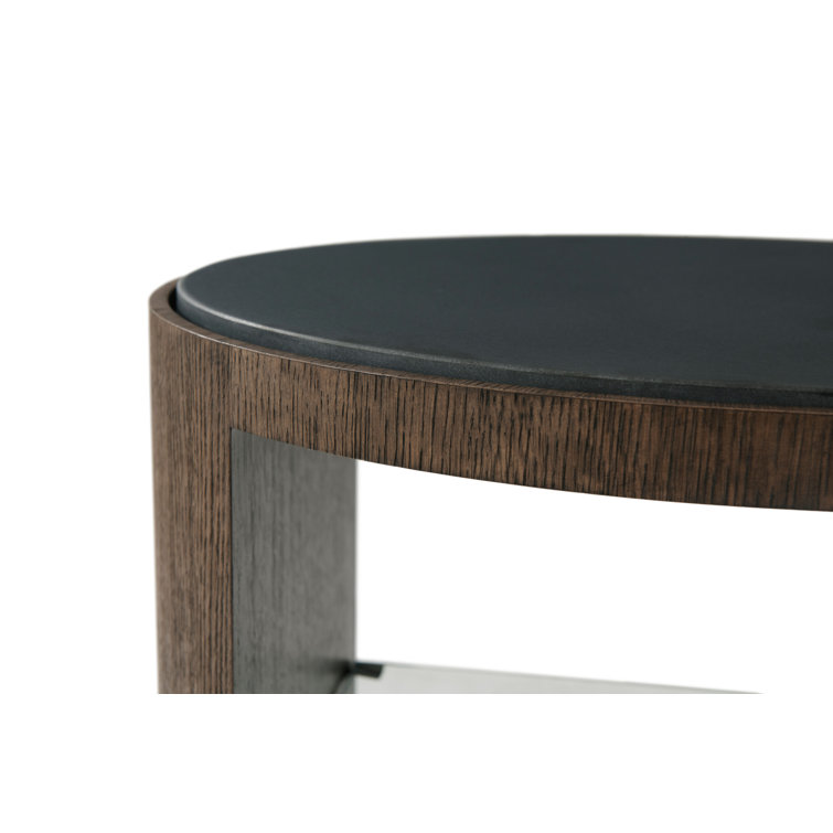 Charteris Quartered Oak and Basalt Stone Round End Table with Storage
