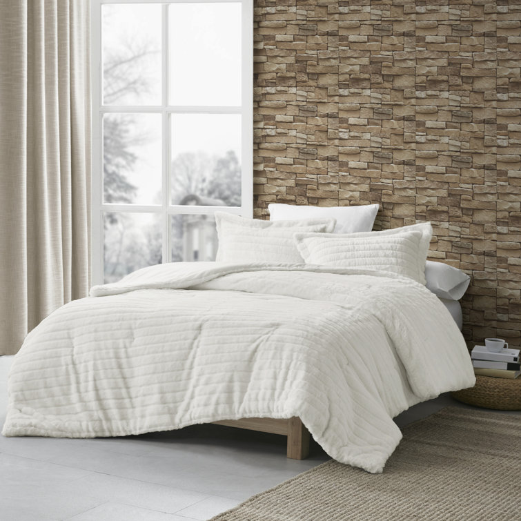 Ivory Faux Fur King Comforter Set with Shams