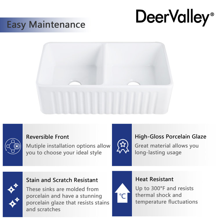 Eclipse 33" White Ceramic Double Basin Farmhouse Sink