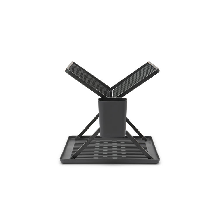 Compact Foldable Dark Gray Metal Dish Drying Rack with Utensil Cup