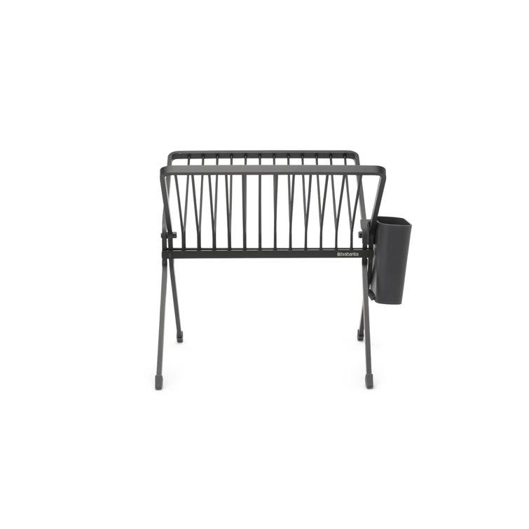 Compact Foldable Dark Gray Metal Dish Drying Rack with Utensil Cup