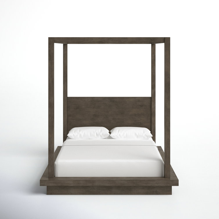 Rustic Dark Pine Queen Canopy Bed with Plinth Base and Storage Drawer