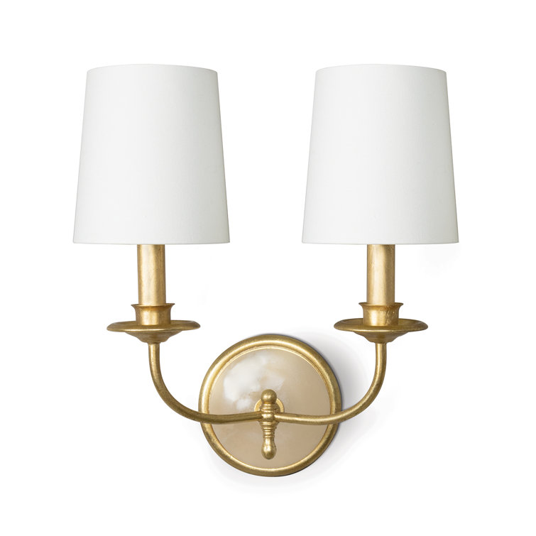 Gold Polished Brass Double Sconce with Linen Shades