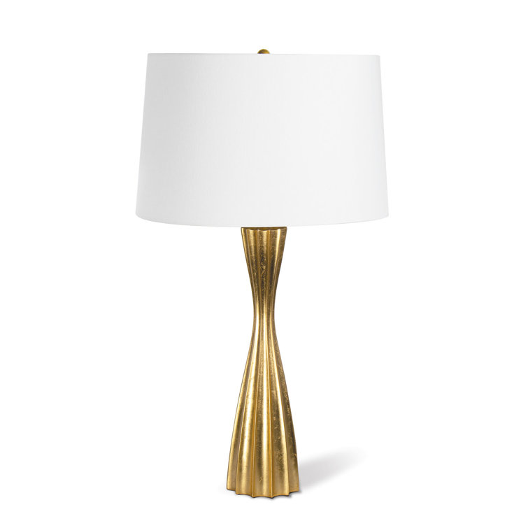 Gold Leaf Polished Brass Hourglass Table Lamp with Linen Shade