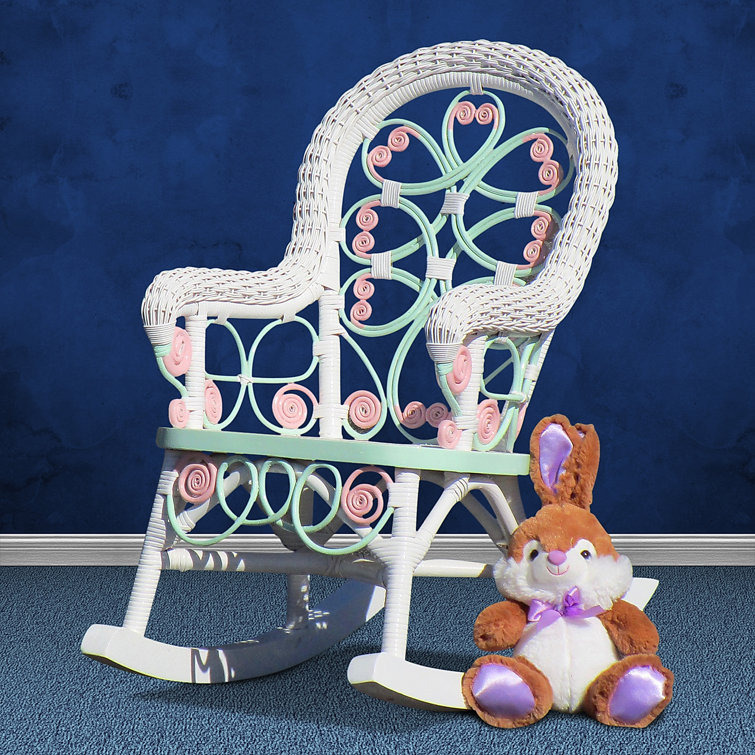 Victorian White Wicker Rocking Chair with Pink and Green Accents