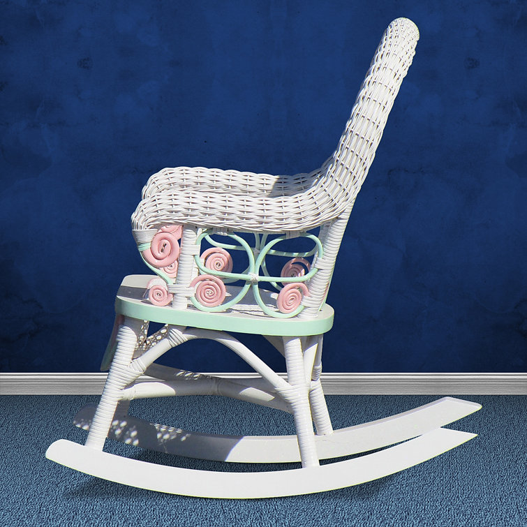 Victorian White Wicker Rocking Chair with Pink and Green Accents