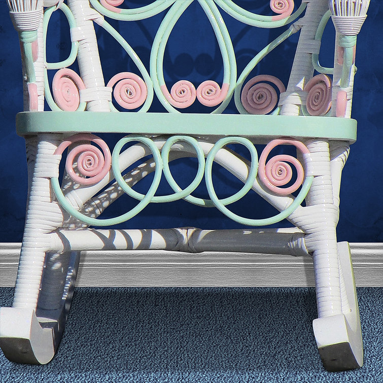 Victorian White Wicker Rocking Chair with Pink and Green Accents