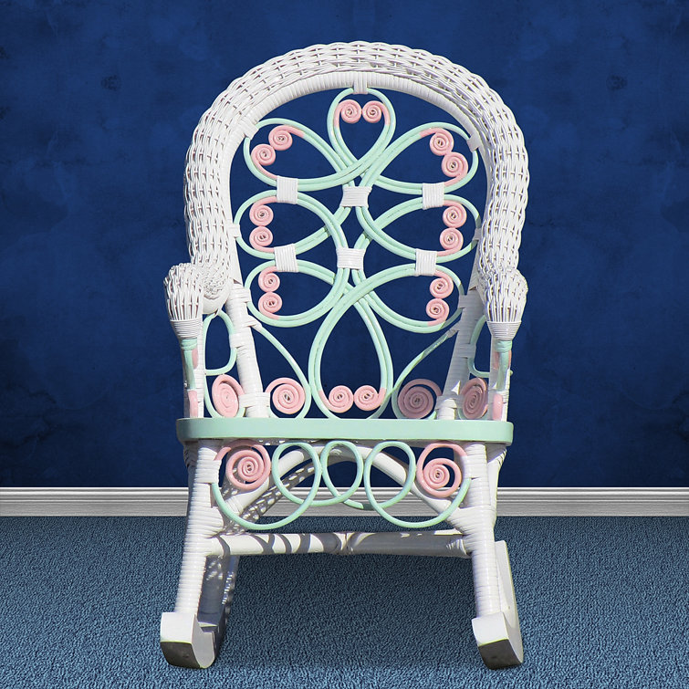 Victorian White Wicker Rocking Chair with Pink and Green Accents