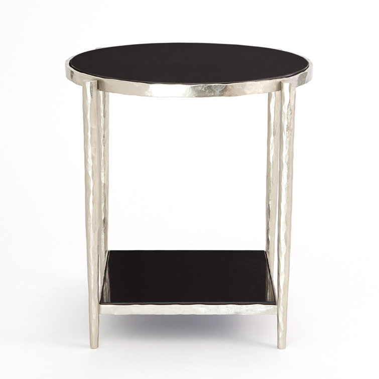 Round Black Granite and Metal Side Table with Shelf