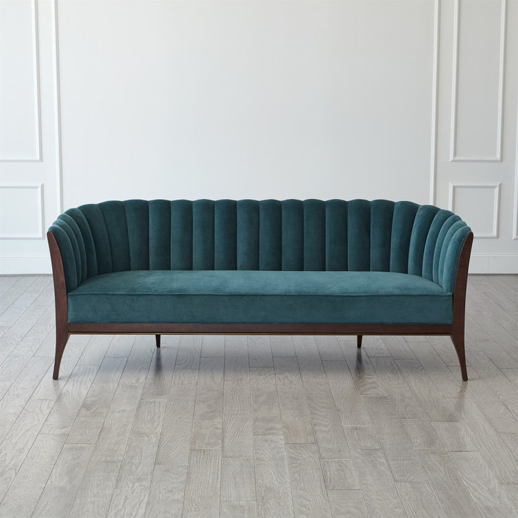 Dragonfly Blue Velvet Channel Back Sofa with Walnut Base