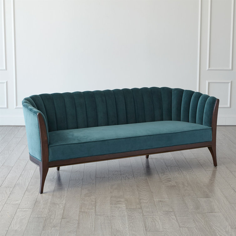 Dragonfly Blue Velvet Channel Back Sofa with Walnut Base