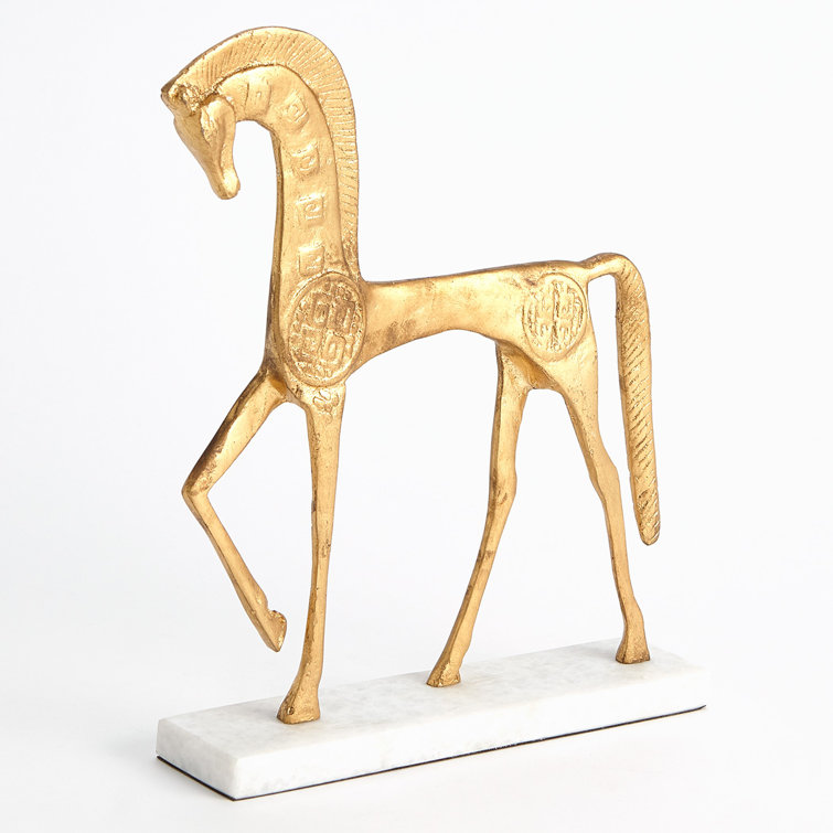 Equestrian Grace Gold Leaf Iron Horse Sculpture on Marble Base