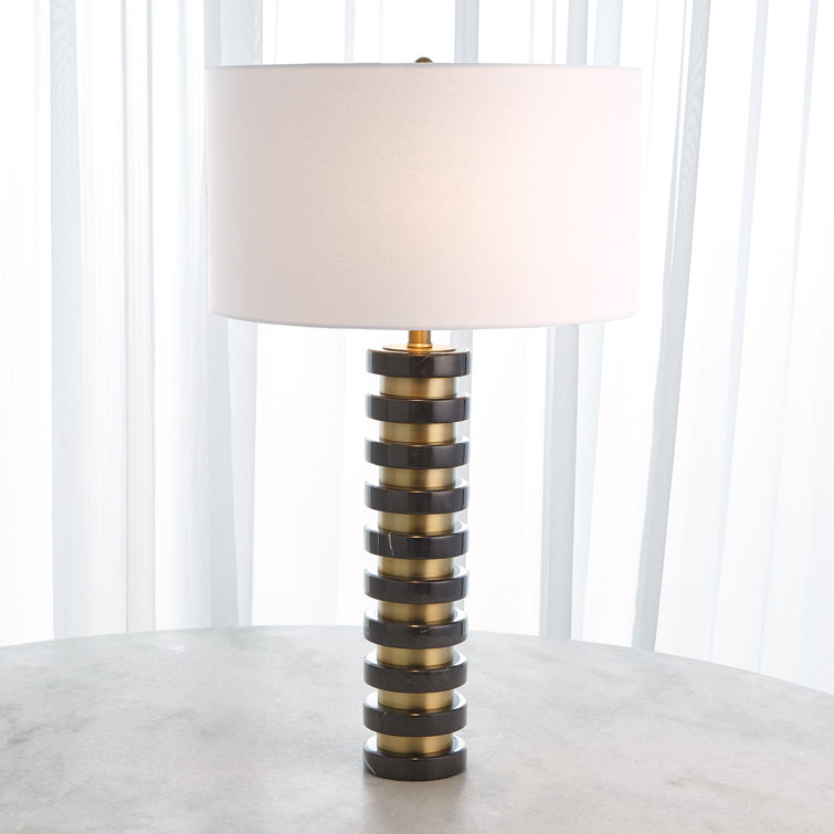 Elegant Black Marble Dual-Pull Chain Table Lamp with White Linen Shade