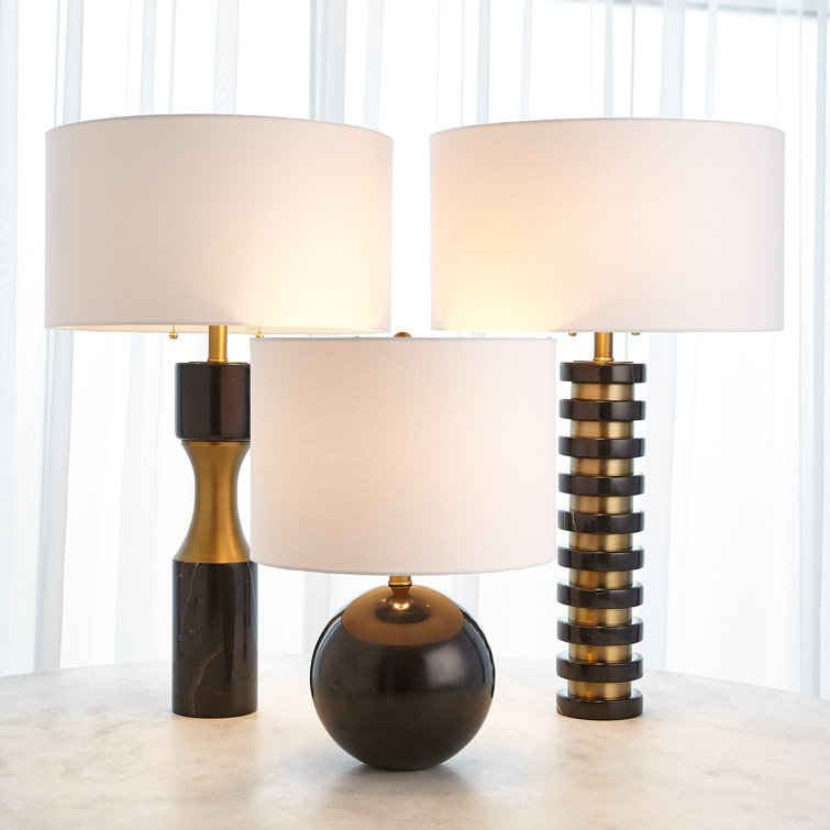 Elegant Black Marble Dual-Pull Chain Table Lamp with White Linen Shade