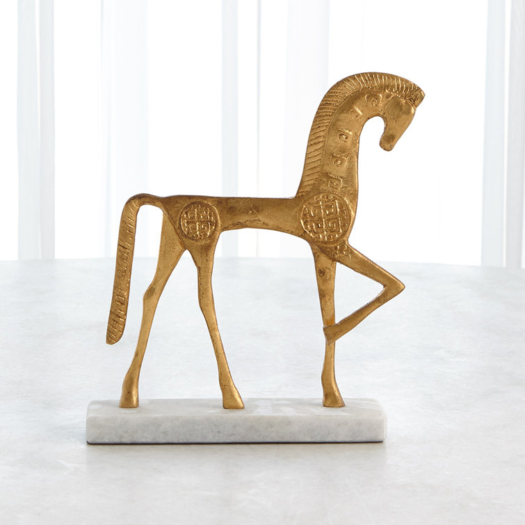 Elegant Gold Leaf Roman Horse Sculpture on Marble Base