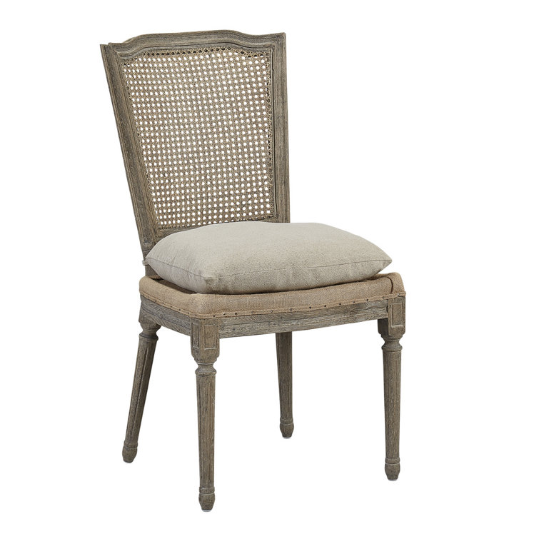 Gray Linen Upholstered Cane Wood Side Chair