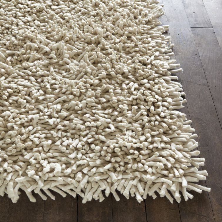 Beige Rectangular Handmade Wool Shag Area Rug