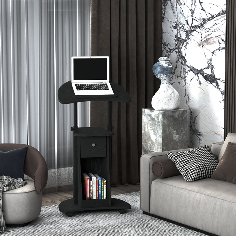Black Adjustable Height Mobile Laptop Cart with Drawer