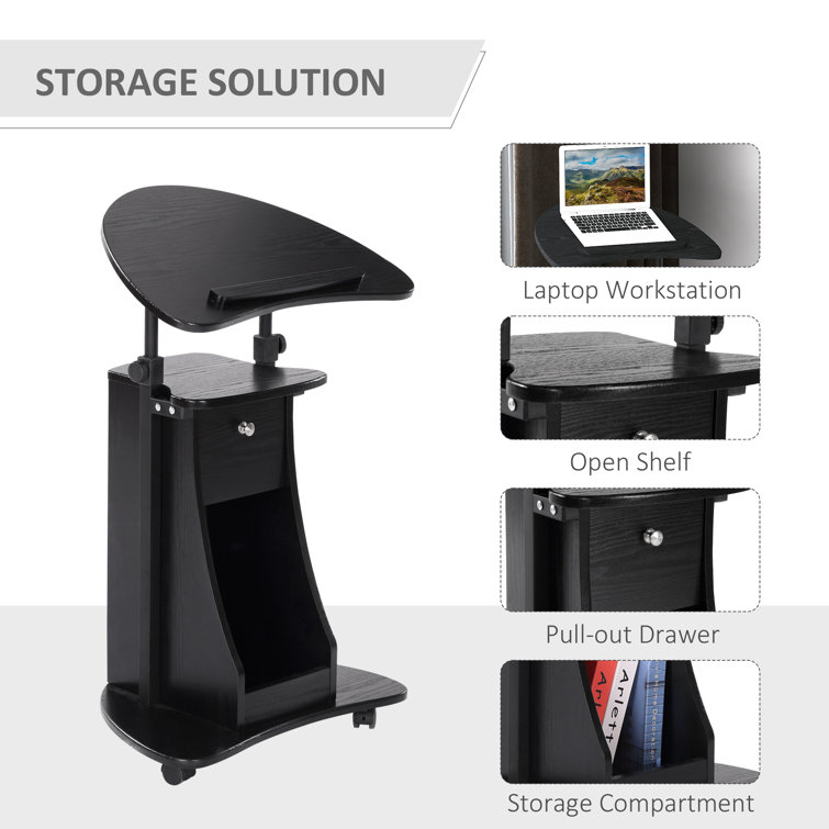 Black Adjustable Height Mobile Laptop Cart with Drawer