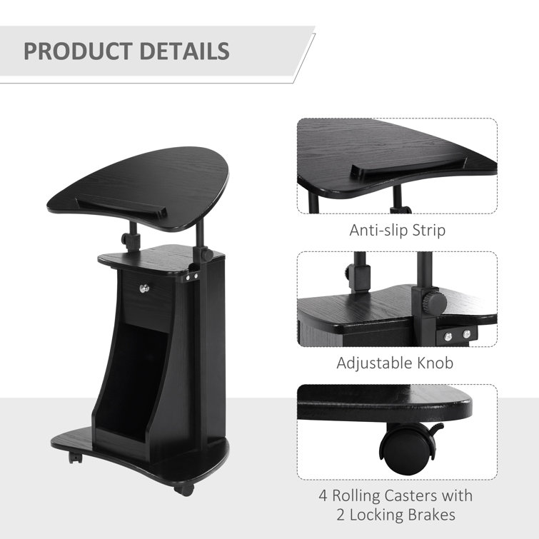Black Adjustable Height Mobile Laptop Cart with Drawer