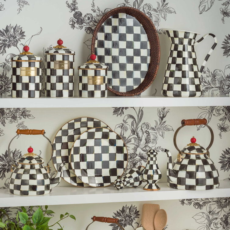 Large Black and White Checkered Rattan Serving Tray