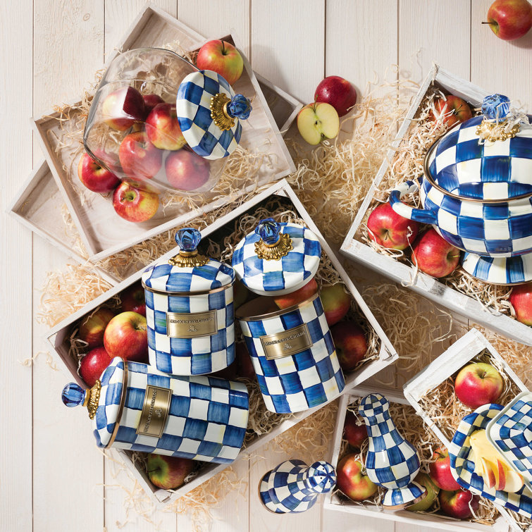 Regal Blue Check Stainless Steel Canister Set with Brass Accents