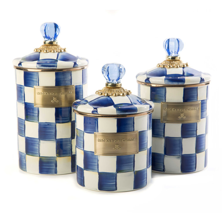Regal Blue Check Stainless Steel Canister Set with Brass Accents