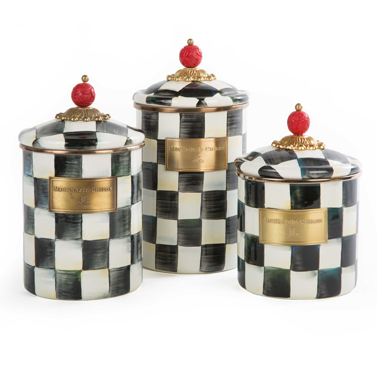 Small Black and White Checkered Enamel Canister with Brass Accents