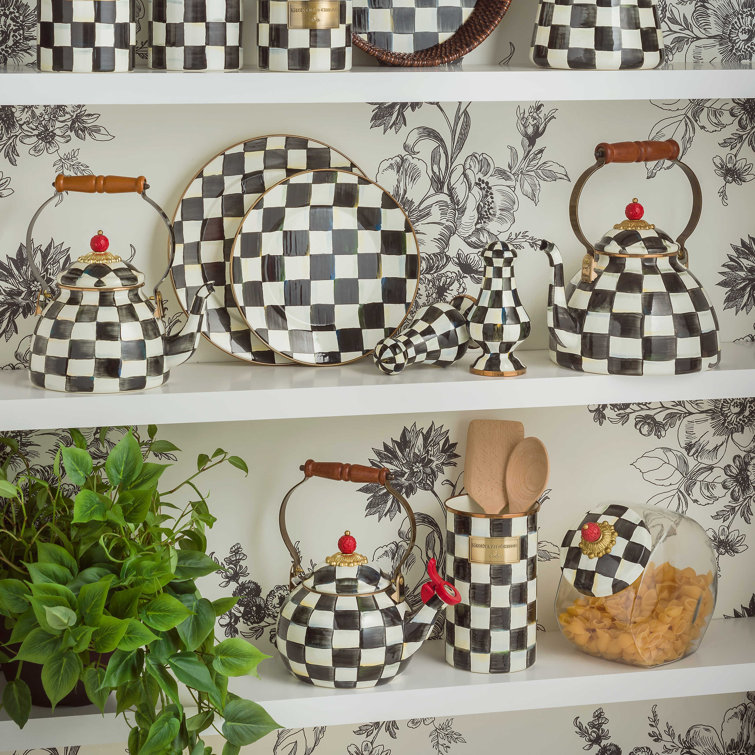 Black and White Checkered Enamel Whistling Tea Kettle with Wood Handle